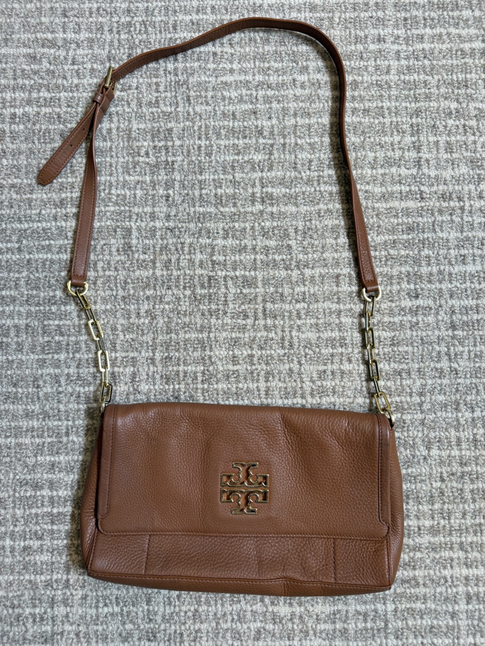 Tory Burch Chestnut Brown Pebbled Leather Crossbody with Gold Chain